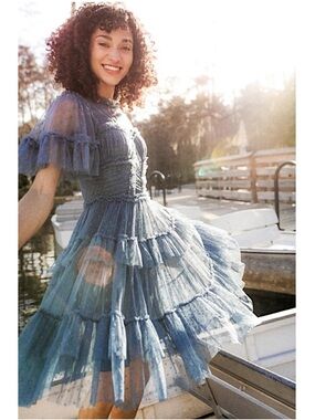 Ivy City Co. Blue Tulle Tiered Knee Length Dress